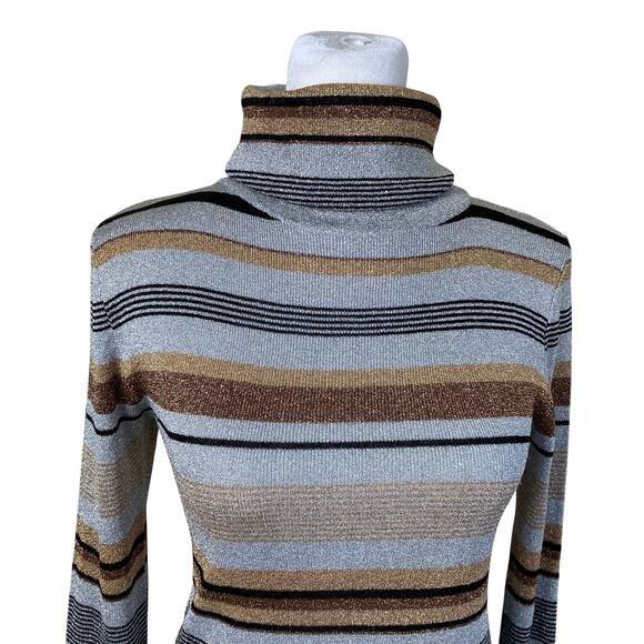Vintage 70s 80s Metallic Lurex Striped Turtleneck Sweater Gold Silver Bronze - Picture 11 of 16